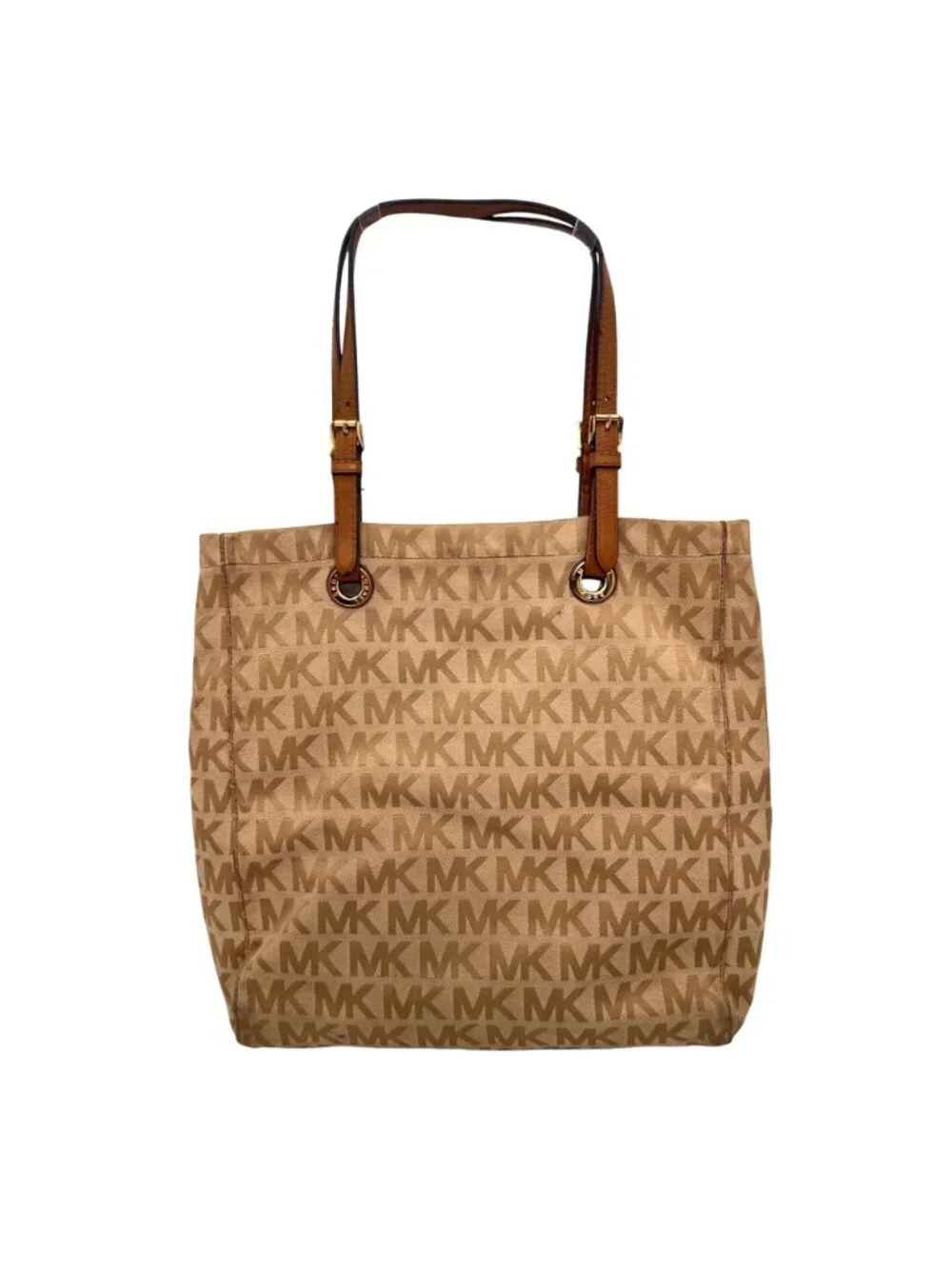 Michael Kors MK Logo Canvas Tote Bag Adjustable Leather Straps Beige Brown Gold